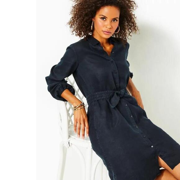 Lilly Pulitzer 4 Bethanne Knee Length Linen Dress Onyx X Onyx Black #8072 - Picture 1 of 13